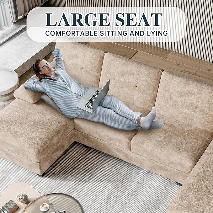 Meilocar Sectional Couches for Living Room 4 Seat Sofa Set U Shaped Couch with Double Chaise Lounges Large Couch for Apartment (Light Beige)