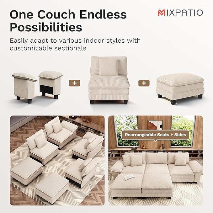 87-Inch L Shaped Sectional Sofa with Cloud Cushions Deep Seat Modular Couch Set w/ 3 Seats &amp 1 Ottomans Removable Arms Plush Corduroy Upholstery for Living Room Apartment - Beige