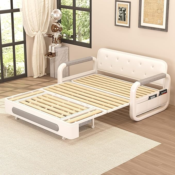 Pull-Out Sofa Daybed with Trundle Convertible Futon Sleeper Couch for Living Room &amp Small Spaces Gray/White (34.6 D x 50.3 W x 34.2 H)