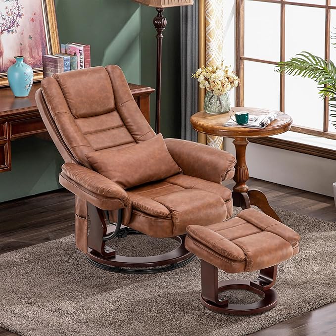 MCombo Swivel Recliner with Ottoman Chair TV Chair Sets with Vibration Massage for Small Space Living Room Bedroom 9096 9099 (Faux Leather Saddle)