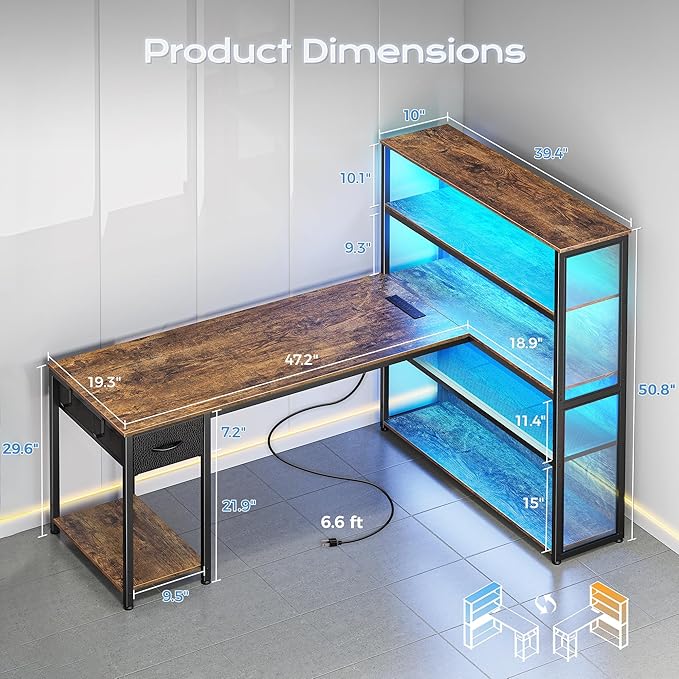 PRAISUN 57 Inch L Shaped Gaming Computer Desk with Larger Open Cabinet Reverisble Office Desk with Power Outlets LED Lights Work Desk Fabric Drawer Adjustable Wood and Mesh Shelf Rustic Brown