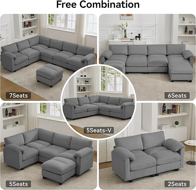 87'' U-Shaped Sectional Sofa with Ottoman 5-Seater Modular Couches for Living Room Corduroy Deep Seat Cloud Sofa with Center Stitched Grey