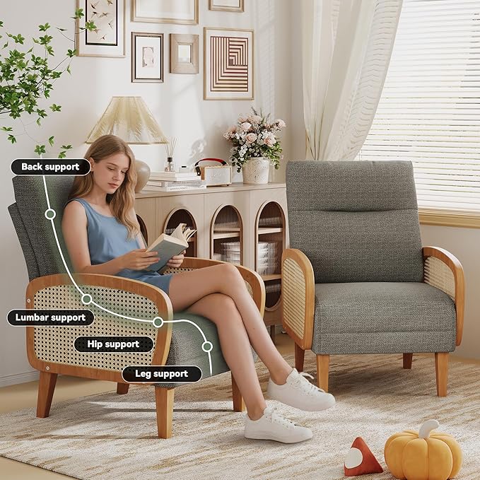 Andeworld Accent ChairUpholstered Modern Living Room Chairs with Natural Rattan Arm Linen Fabric Arm Chair with Wooden Legs for Bedroom Club Balcony Reception Taupe