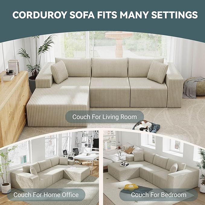 110 Cloud Modular Sectional Sofa with L-Shaped Chaise Deep Seat Fluffy Boneless Couch No Assembly Required for Living Room and BedroomBeige | sofa&ampcouch boneless couch sofa for living room