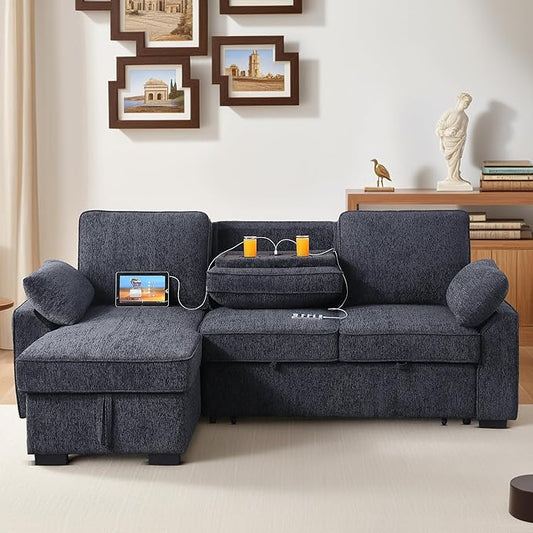 ERYE L-Shaped Pull Out Sleeper Sofa Bed Modern Chenille Upholstered Button Tufted Corner Reversible Sleeper Sectional Sofa Couch with Storage Chaise Drop-Down Table Cup Holders and Charging Ports