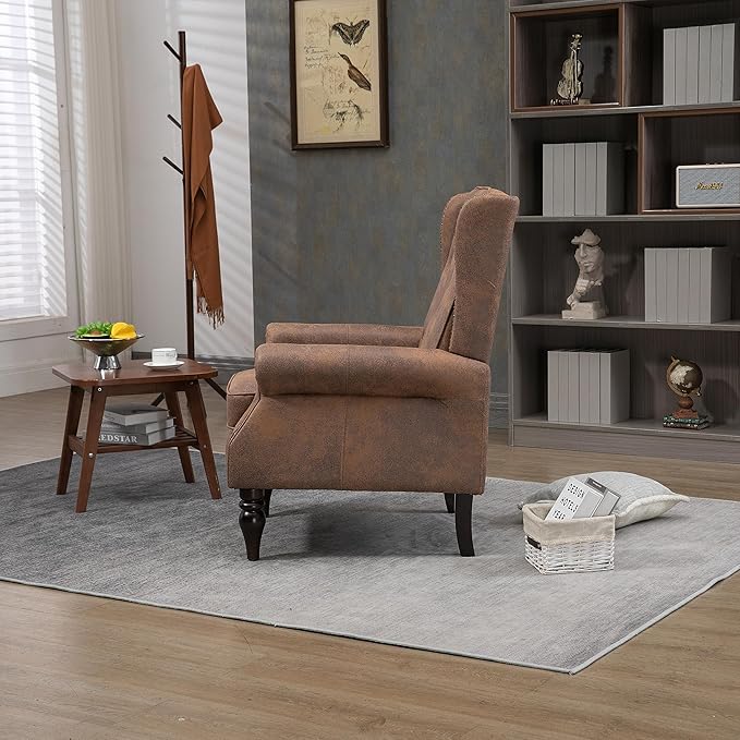 Bellemave Mid Century Wingback Chair PU Leather Button Tufted Upholstered Accent Armchair with Wood Legs Modern Living Room Chairs with High Back Leisure Single Sofa Chair for BedroomClub（Coffee）