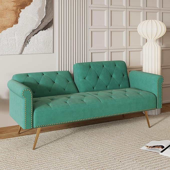 Stylish Velvet Sofa 70 Sofa Sleeper Convertible with Matching Pillows for Living RoomApartmentSmall Spaces (Green)