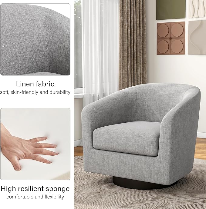 Swivel Barrel Accent Chair Modern Round Linen Arm Chair for Living Room Bedroom Comfy Club Reading Chairs for Adults（Linen Fabric Light Grey Set of 4