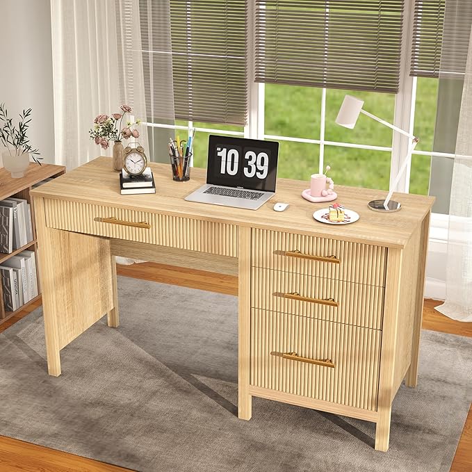 Oak Executive Desk with Drawers: 54 Wood Computer Desk with File Drawer Modern Home Office Desks with Storage Fluted Writing Desks for Working Studying (Oak 54)