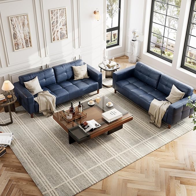 GAOMON 83 Inches 3-Seater Sofa Couch Faux Leather Couch with Back Cushion Waterproof Wide Arm Sturdy Support Feet for Office Living Room Bedroom Blue