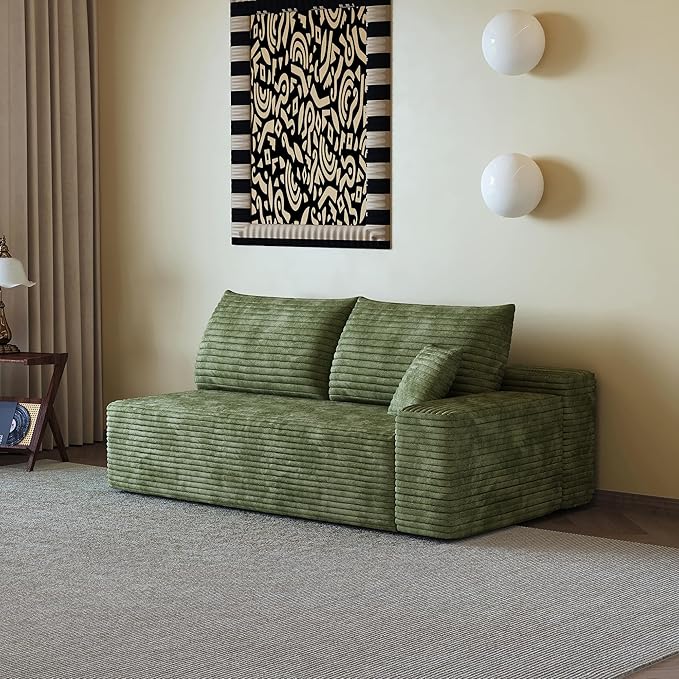 Boneless Sofa 2-Seater Cloud Couches for Living RoomModular Corduroy Upholstered Couch with Deep Seat No Assembly (Green Left Armrest)
