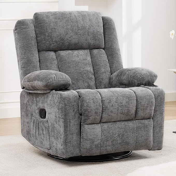 Swivel Rocker Recliner for Adults Manual Lazy Boy Recliner Chair with Cup Holders 360 Degree Rotating Nursery Rocking Chair Glider Recliner for Living Room (Grey)