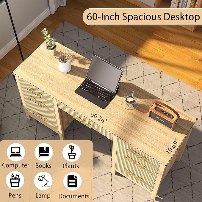 Modern Executive Desk with Drawers: 60 Oak Computer Desk with File Drawer Wood Writing Desk with Storage Fluted Home Office Desks for Living Room
