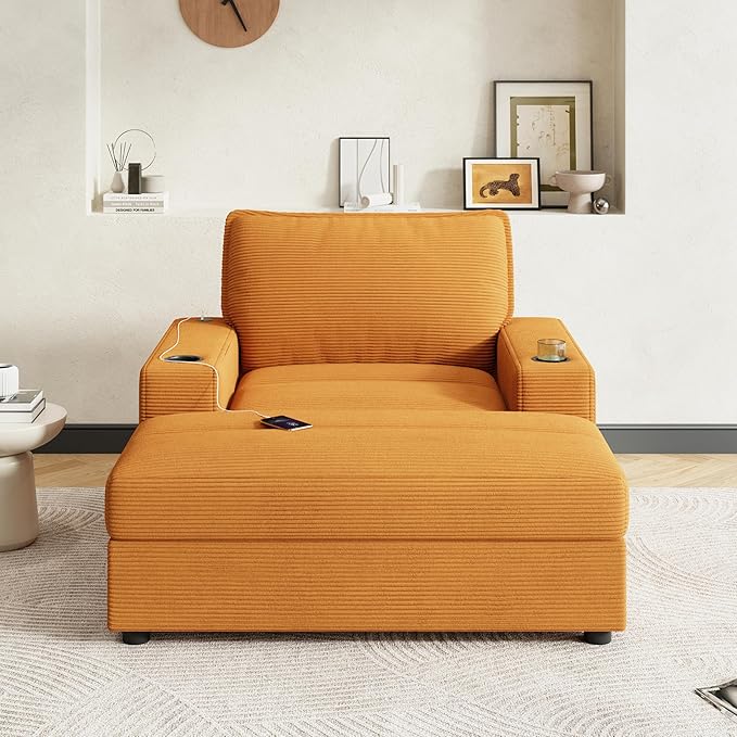 42.8 Oversized Chaise Lounge Chair with Storage Ottoman Corduroy Sofa Bed with Cup Holders &amp USB Charging Port Upholstered Sleeper Chair for Living Room BedroomYellow