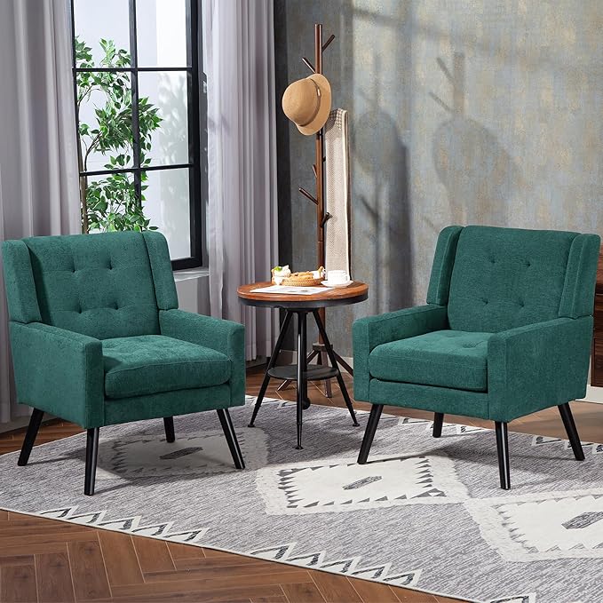 Mid-Century Modern Accent Chair Set of 2 Plush Linen Fabric with Button Tufted High Back &amp 5 Thick Cushion High Comfort Reading Chair for Living Room Bedroom Office (Green)