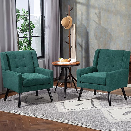 Mid-Century Modern Accent Chair Set of 2 Plush Linen Fabric with Button Tufted High Back &amp 5 Thick Cushion High Comfort Reading Chair for Living Room Bedroom Office (Green)