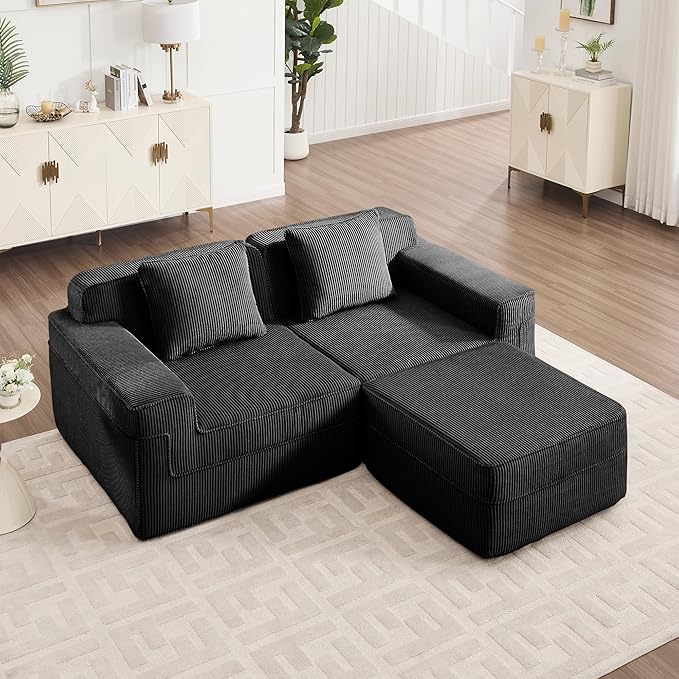 Sectional Cloud Boneless Sofa Couches for Living Room-81 Black 3 Seater L-Shaped Modern Lounge Couch No Assembly Required Corduroy Sleeper Sofas with Ottoman