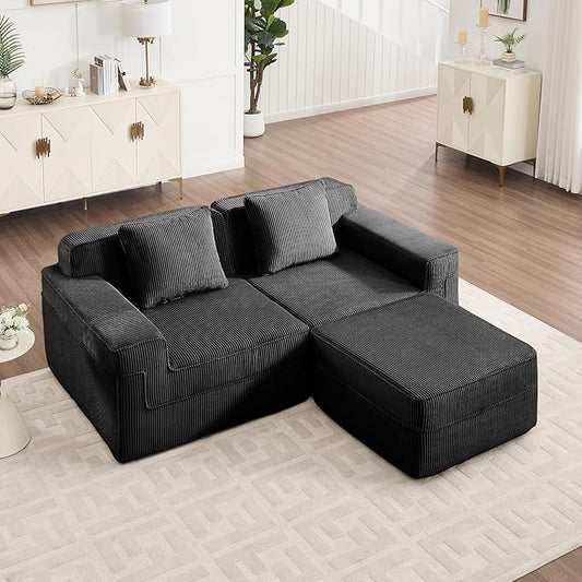 Sectional Cloud Boneless Sofa Couches for Living Room-81 Black 3 Seater L-Shaped Modern Lounge Couch No Assembly Required Corduroy Sleeper Sofas with Ottoman