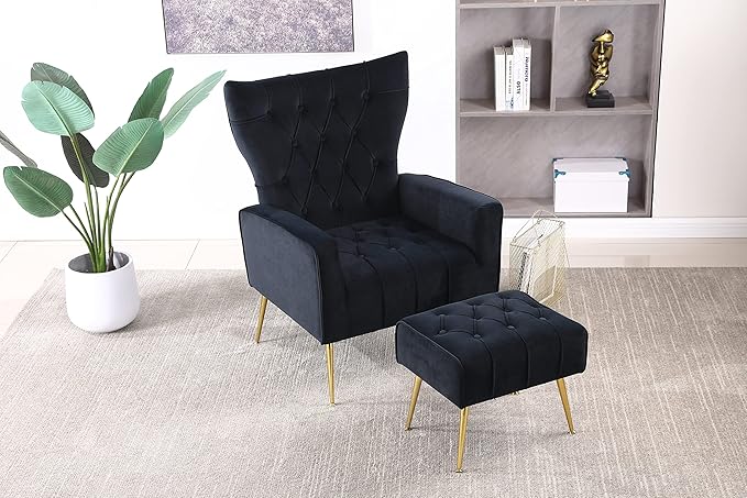 Modern Accent Chair with Ottoman Comfy Armchair for Living Room Bedroom Apartment Office (Black)