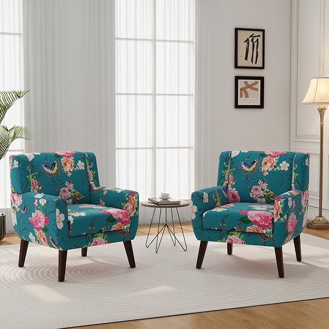 Accent Chair Modern Linen Blend Arm Chair for Living Room Bedroom Comfy High-Resilient Sponge Reading Chair for Small Spaces (Pattern Floral Blue Set of 1)