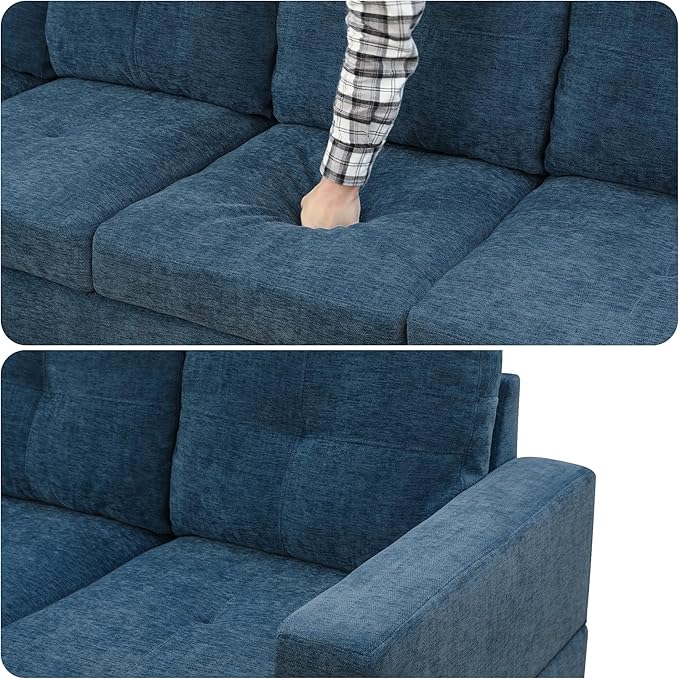 103.5 Inch Modern L-Shaped Couch Flannel Sectional Sofa with Chaise Lounge 4-Seater Couch with Accent Pillows for Living Room Apartment Dark Blue