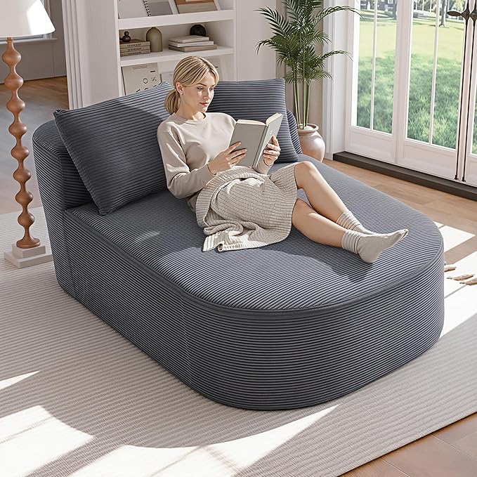 Chaise Lounge Chair Indoor 67.5 Oversized Boneless Couch Could Comfy Upholstered Sleeper Sofa Bed Corduroy Plush Modern Curved Floor Sofas Chair with 2 Pillows for Readng Living Room Bedroom Apartment