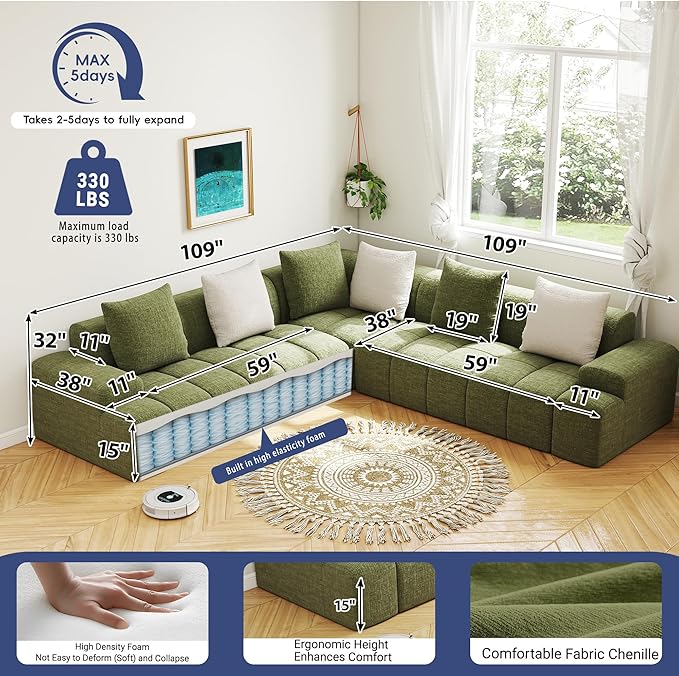 109'' L Shaped Modular Sectional Sofa Chenille Couch for Living Room Bedroom with 6 Cushions Convertible Olive Green