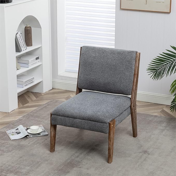Chenille Single Accent Chair Wooden Legs Padded Upholstery High Density Foam Small Modern Armless Chair for Living Room Bedroom Dark Grey