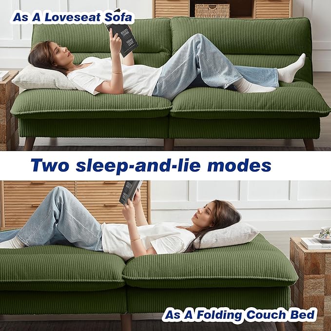 72 Futon Sofa Bed Convertible Futon Couch with Adjustable Backrest Modern Corduroy Sleeper Sofa for Small Spaces Living Room Office Green