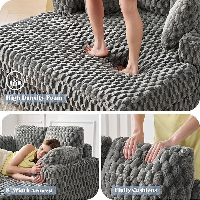VanAcc 58 Upholstered Chaise Lounge Plush Sleeper Chair Sofa Bed with Throw Pillows &amp Armrests Sleeper for Living Room Ash Grey