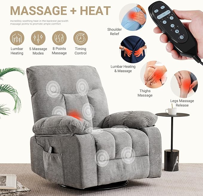 Rocker Swivel Recliner Chair for Adults Single Reclining Sofa Chair with Heated and Full Body Massage Lounge Recliner Glider for Small Living Room Bedroom Light Gray