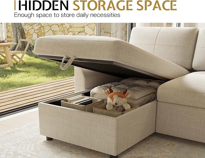 PaPaJet Sofa Bed Sleeper Sofa with Storage Chaise L Shaped Sofa with Pull Out Bed Oversized Sofas for Living Room Beige