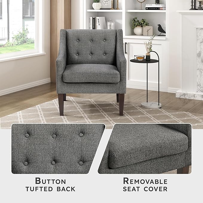 Lexicon Living Room Accent Chair Textured Fabric Upholstered Arm Chair with Button Tufted Back Sloped Arms and Wooden Legs Dark Gray