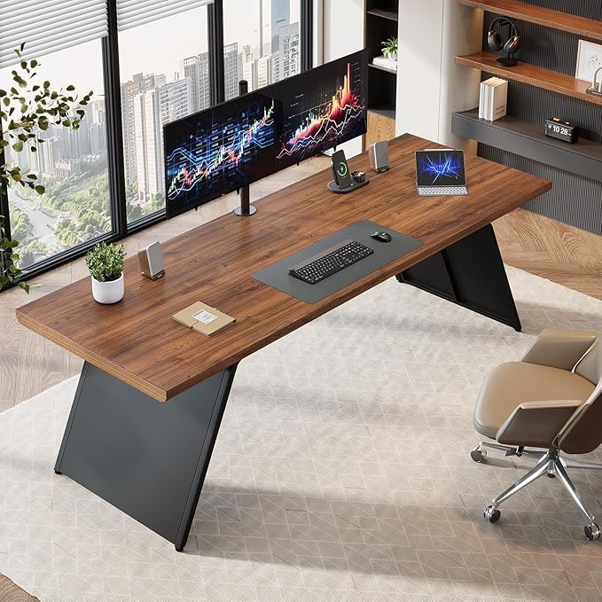 Tribesigns 79” Double Desk for Two People Extra Long Computer Desk with Walnut Wood Top &amp Black Metal Base Heavy Duty 2 Person Home Office Writing &amp Gaming Table