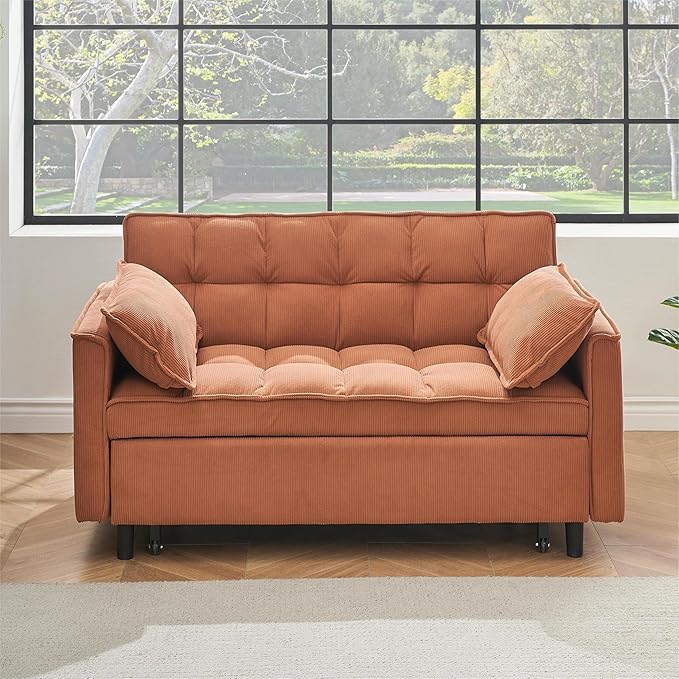 3 in 1 Convertible Sleeper Sofa BedFuton Loveseat Couch with Pull-Out Bed &amp Adjustable BackrestVelvet Fabric Sofa with Side Pocket for Small Apartment Living Room Office (Orange)