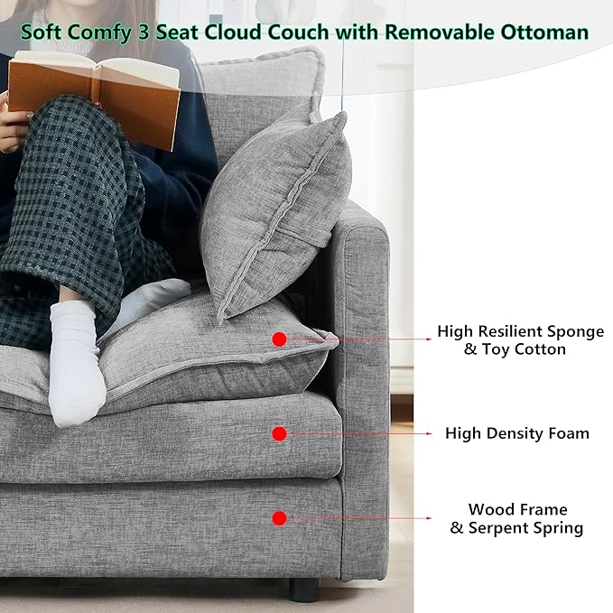 102 L-Shaped Sofa for Living RoomModular Sectional Cloud Sofa Couch with OttomanModern Chenille 3 Seater Sofas with Deep SeatSmall L Shaped Couches for Bedroom (Grey 102)