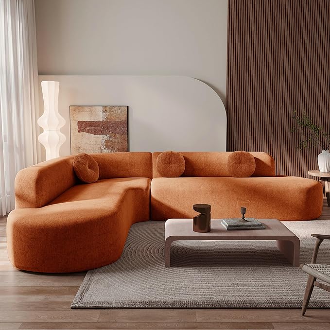 LUMISOL Curved DesignSectional Sofa Couch with 3 Round Cushions 122''L Foam-Filled Compressed Couch for Living Room 2-Piece Modular Chenille Floor Sofa No Assembly Required Orange