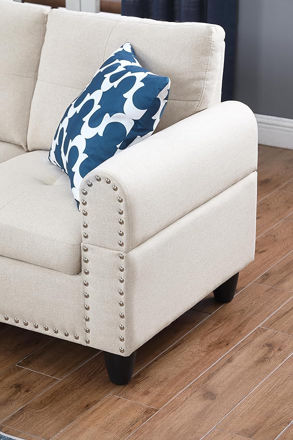 Wakefit Sectional Sofa Couch Modern 4-Seaters Living Room Furniture Sets with Chaise Lounge Ottoman &amp 2 Pillows | L Shape Couch | Cup Holder | Linen Fabric Beige
