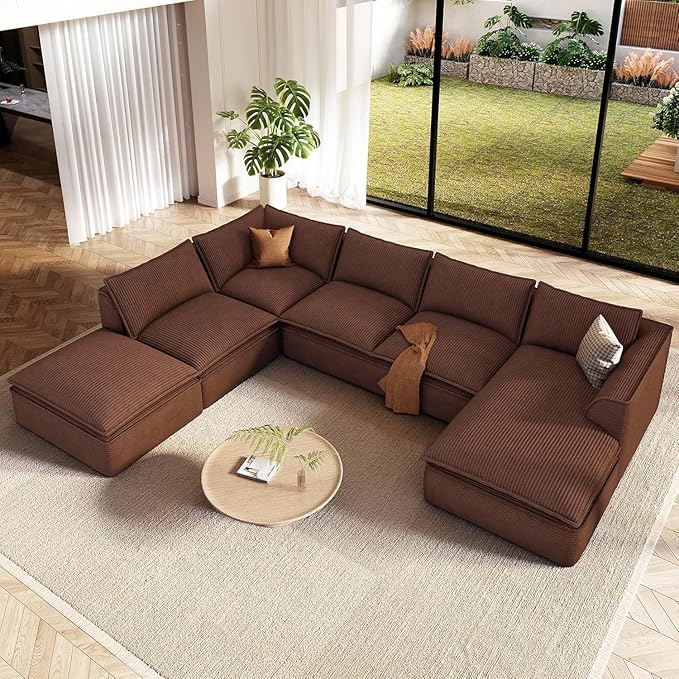 Vesgantti 141.7 Oversized Modular Sectional Sofa Modern 7 Seater Boneless Couch with Chaise and Ottoman Deep Seat Plush Corduroy Cloud Style for Living Room No Assembly RequiredBrown