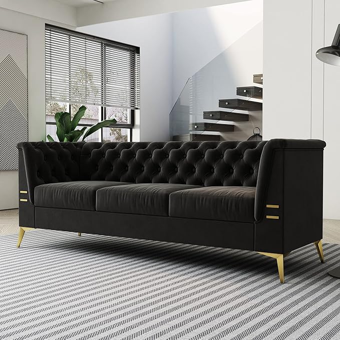 Tomkate 82 Black Velvet Chesterfield Sofa Mid-Century Modern Tufted 3-Seater Couch with Flared Arms Removable Cushions &amp Gold Metal Legs for Living Room (Black)