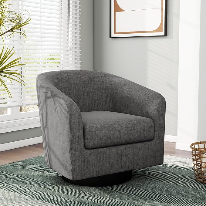 Swivel Barrel Accent Chair Modern Round Linen Arm Chair for Living Room Bedroom Comfy Club Reading Chairs for Adults（Linen Fabric Grey Set of 1