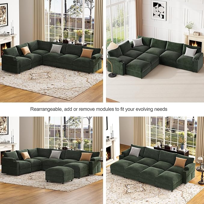 Sectional Couches for Living Room FSC Certified Velvet Modular Couch Oversized Cloud U Shaped Convertible Sleeper Sofa Chaise Detachable Armrest Cushion (Chenille Green L Shape Corner 6 Seat)