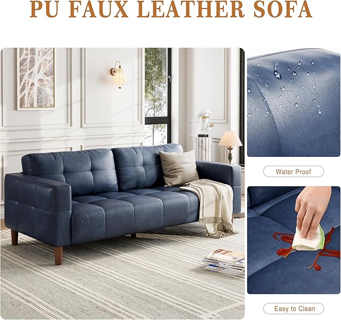 IDEALHOUSE 3-Seater Sofa Couch 83 in Wide Faux Leather Sofa Couch with Spring Cushion Modern Sofa with Deep Seats and 2 Removable Back Cushions for Living Room Bedroom Apartment Office Blue