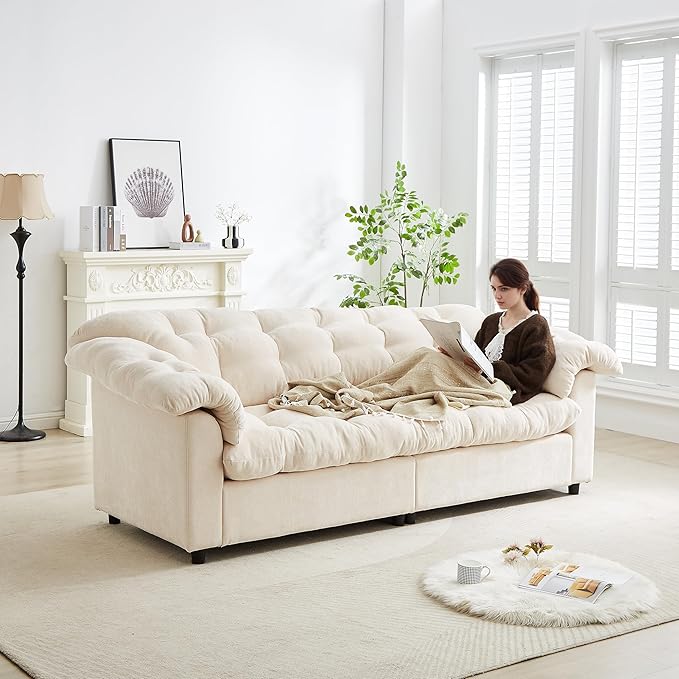 KEIKI 94.8 Chenille Deep Seat Modern Cloud Sofa Fluffy Deep Cushion Upholstered 3 Seat Couch with Wood Frame Support Designed for Offices Studios Waiting Areas and Stylish Professional Interiors