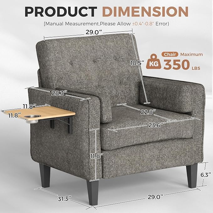 Chenille Accent Chair Mid Century Modern Arm Chair with Foldable Wooden Side Table &amp Cup Holder - Comfy Reading Chair for BedroomLiving Room ChairsSingle Sofa ChairDark Grey