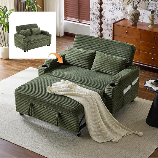 VINGLI Green Futon Sofa Bed Convertible Loveseat Sleeper Sofa Couch Corduroy Pullout Sofa Fold Out Couch Bed with USB Ports Cup Holders Armrest for Living Room Bedroom Apartment Room | Lveseat Sle