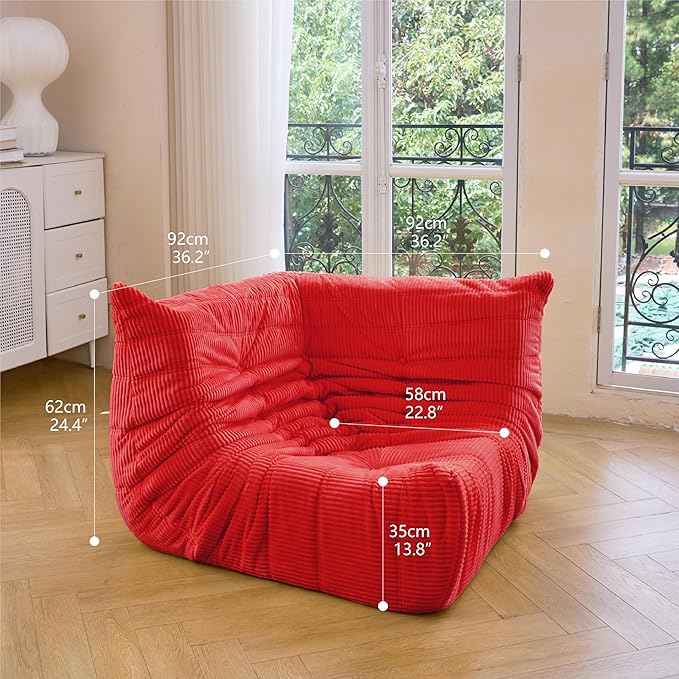 N&ampV Fireside Corner Chair Mid Century Armless Floor Sofa Soft Premium Corduroy Floor Lounge Chair Foam Sofa Accent Chair for Living Room Bedroom and Office (Red)
