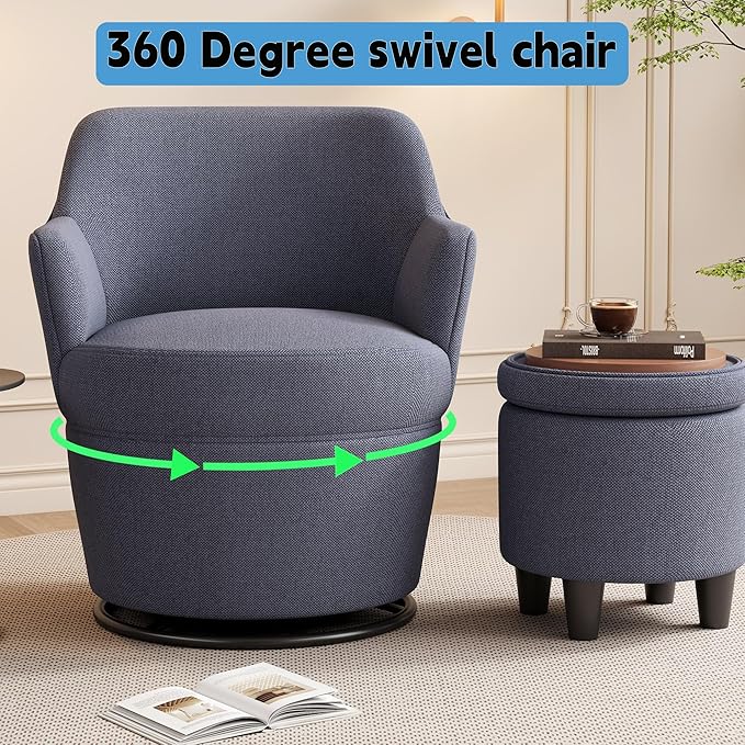 Upholstered Swivel Chair with Storage Ottoman360° Swivel Accent Lounge Sofa with Metal BaseComfortable Cotton Linen Barrel Reading Armchair for Living Room Bedroom Office (Blue)