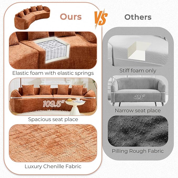 109'' Modern Curved Sectional Sofa Luxury Plush Chenille Upholstered Couch Comfy Cloud Compressed Sofa with 4 Pillows for Living Room Apartment Office No Assembly Needed Orange