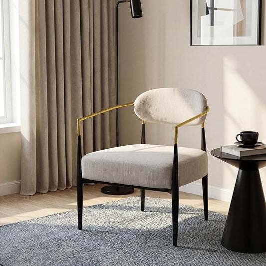 Christopher Knight Home Draxv Accent Chair Upholstered Club Chair Curved Backrest Armchair Metal Frame Tapered Legs Chic Accent Chair Soft Seating Chair for Living Room Reading Beige+Gold